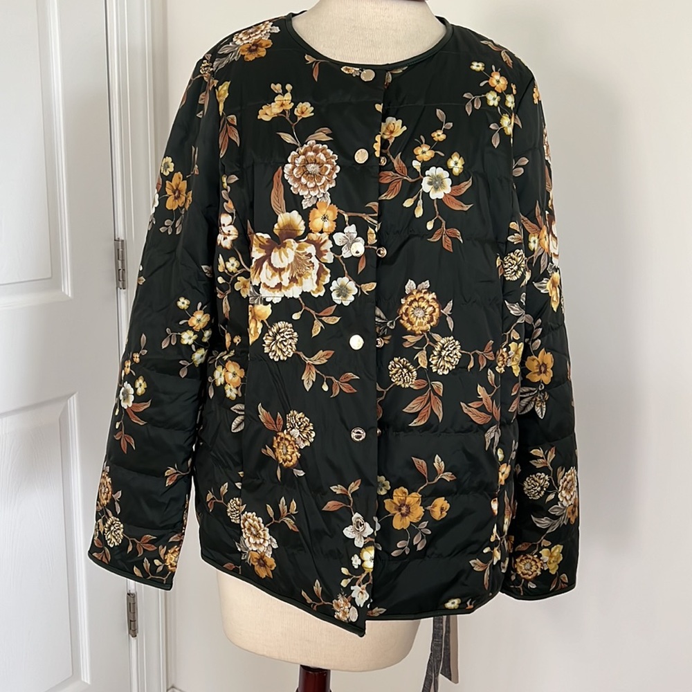 Stunning Dennis Basso LIGHT quilted jacket fall winter NWT green mustard floral